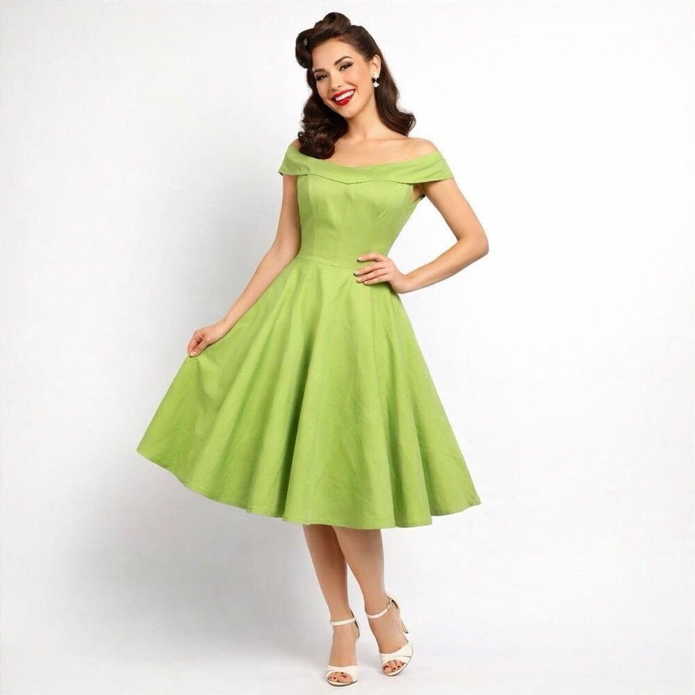 Vtg Ruby Rocky Womens Small Dress Retro Pinup Lime Green Tulle Flare Off Shoulde